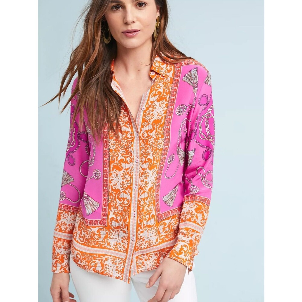 Anthropologie Maeve Runa Printed Silk Shirt | Orange / Pink | Size 4